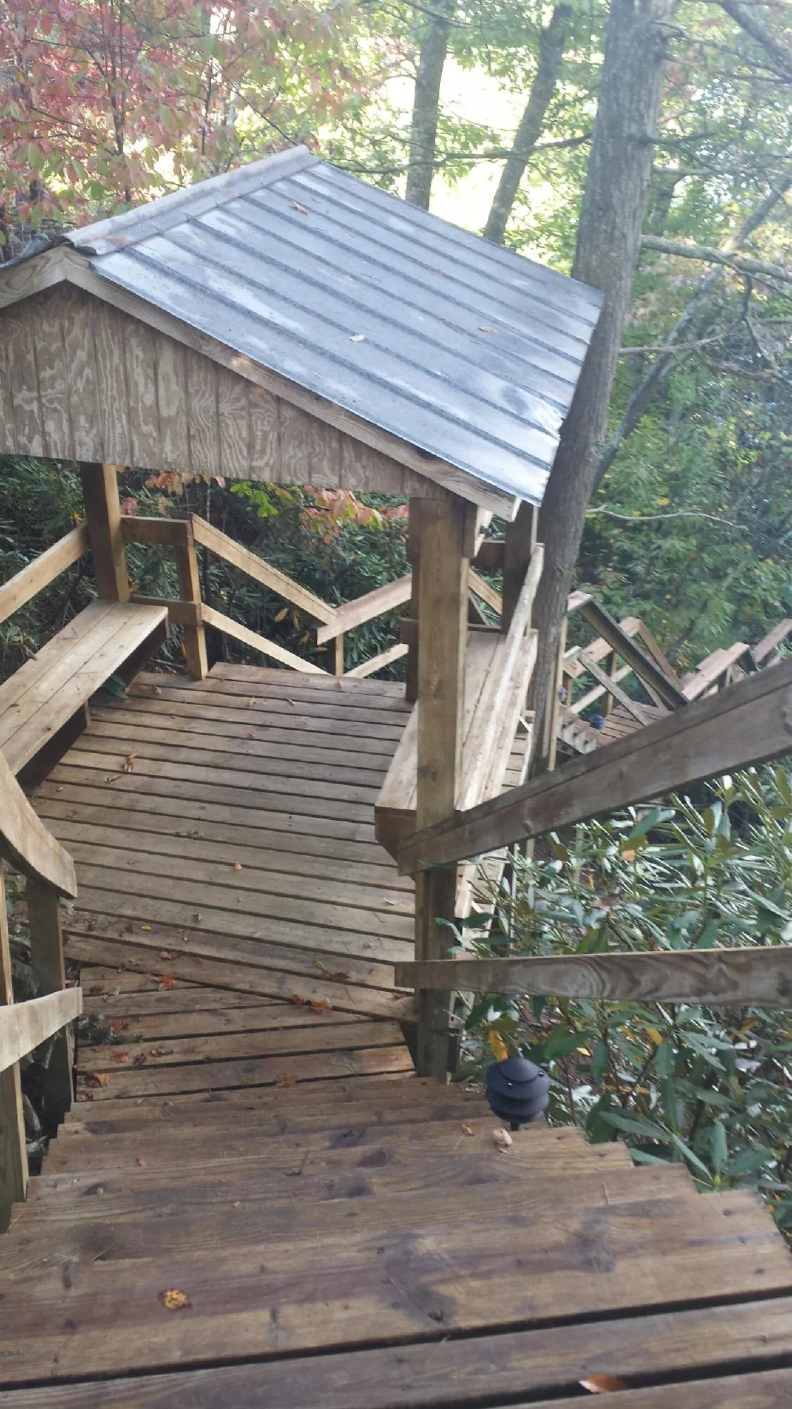 Metal roofed shelter over wooden steps on a wooded walkway — Skylight Repair & Installation work by our crew in Bethany